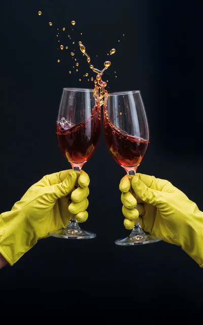 Two Hands In Yellow Rubber Gloves Toasting Wine Glasses