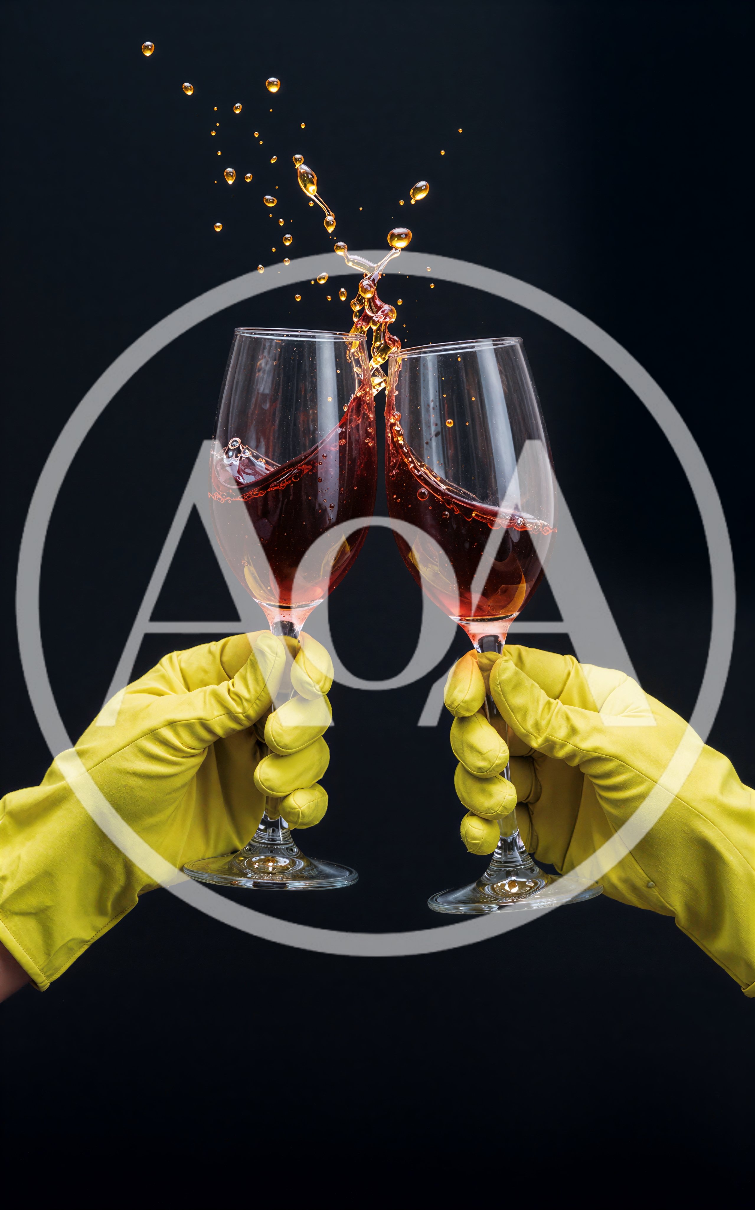 Two Hands In Yellow Rubber Gloves Toasting Wine Glasses