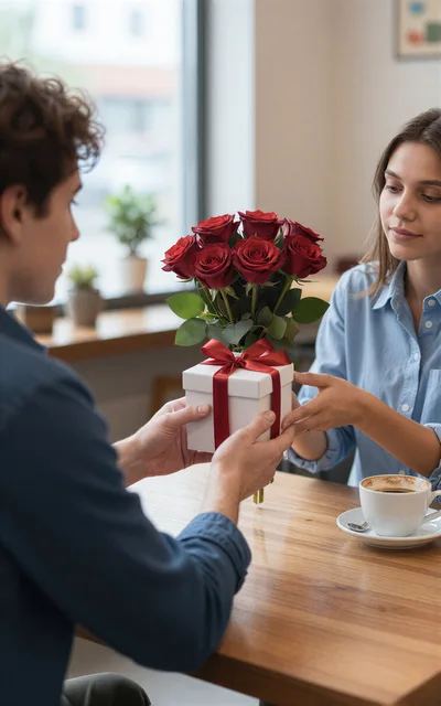 Man Giving A Gift And Roses To A Woman