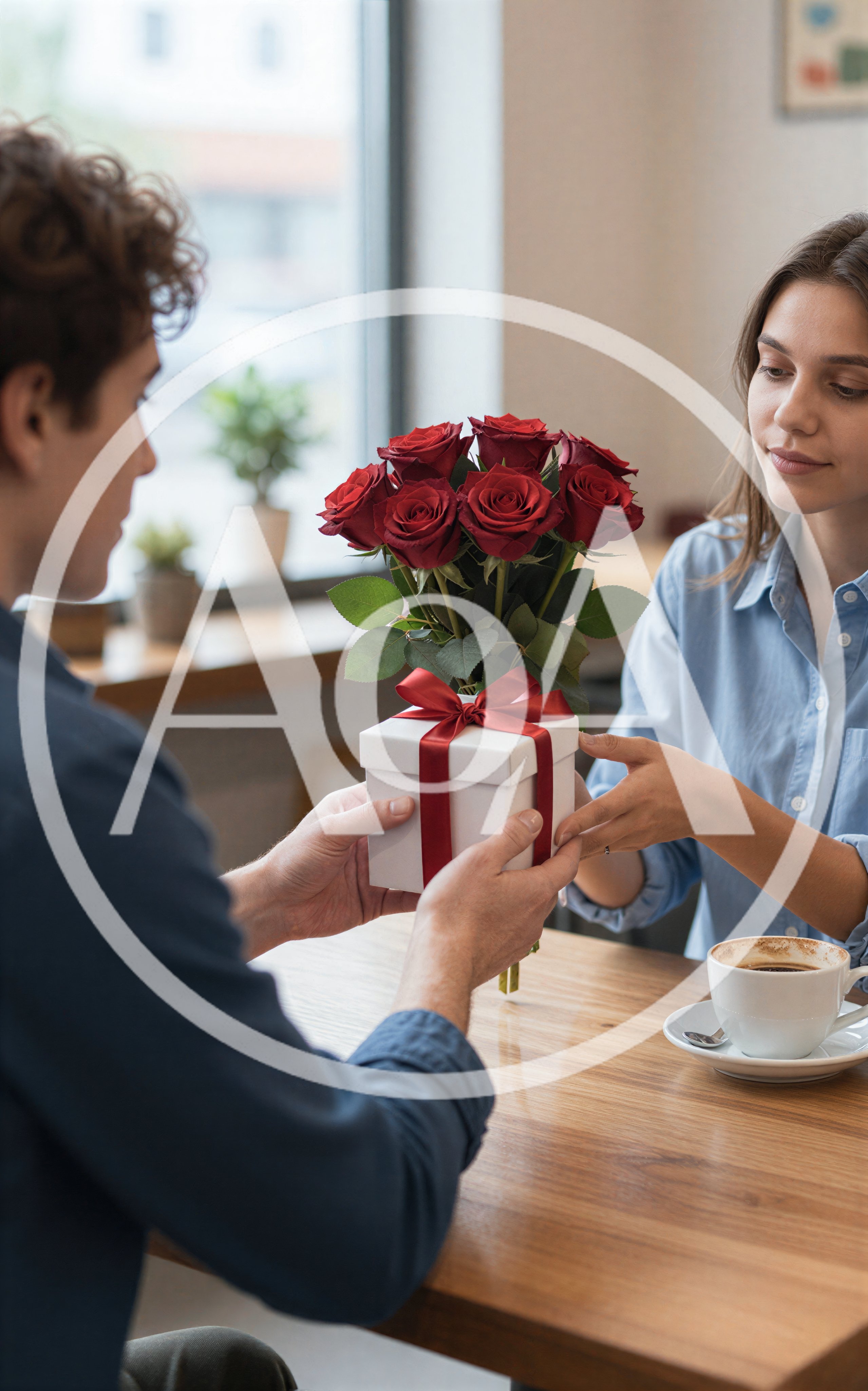 Man Giving A Gift And Roses To A Woman