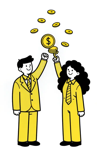 Business Professionals Celebrating Financial Success With Floating Coins