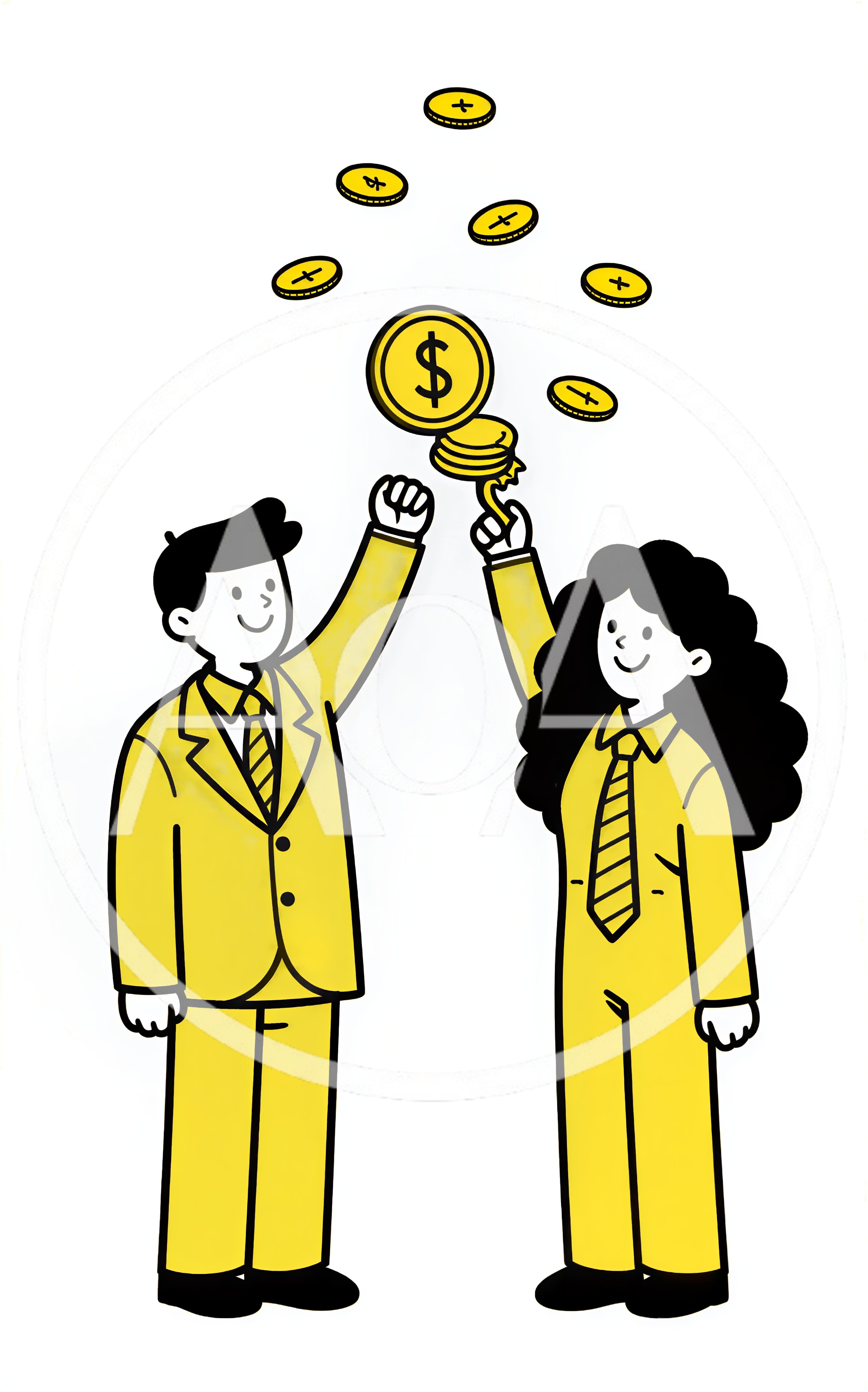 Business Professionals Celebrating Financial Success With Floating Coins