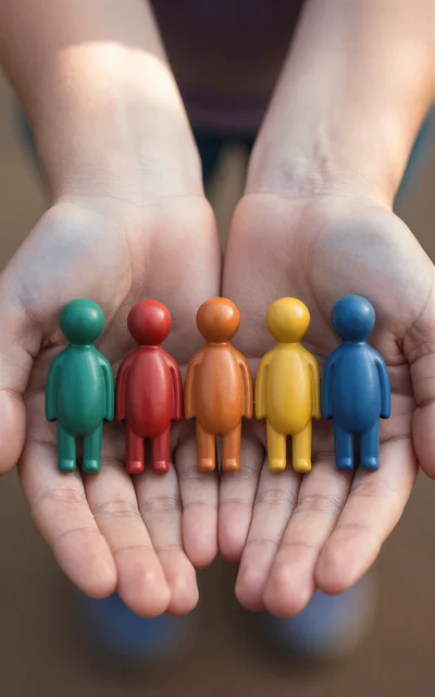 Hands Holding Five Colorful Wooden Human Figurines