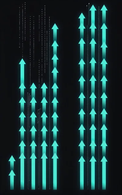 Digital Glowing Arrows Rising On Dark Background