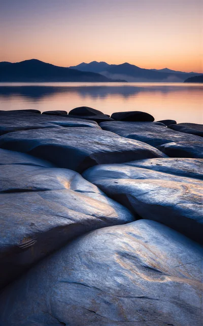 Smooth Coastal Rocks At Sunset Over Calm Lake