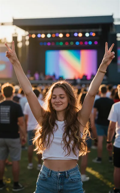 Young Woman Dancing With Arms Raised At Music Festival