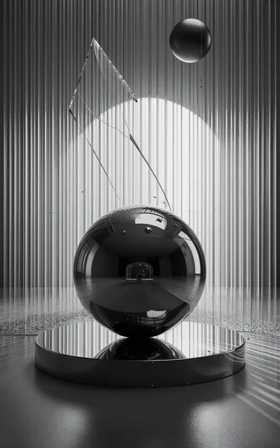 Abstract Chrome Sphere Sculpture in Minimalist Gallery