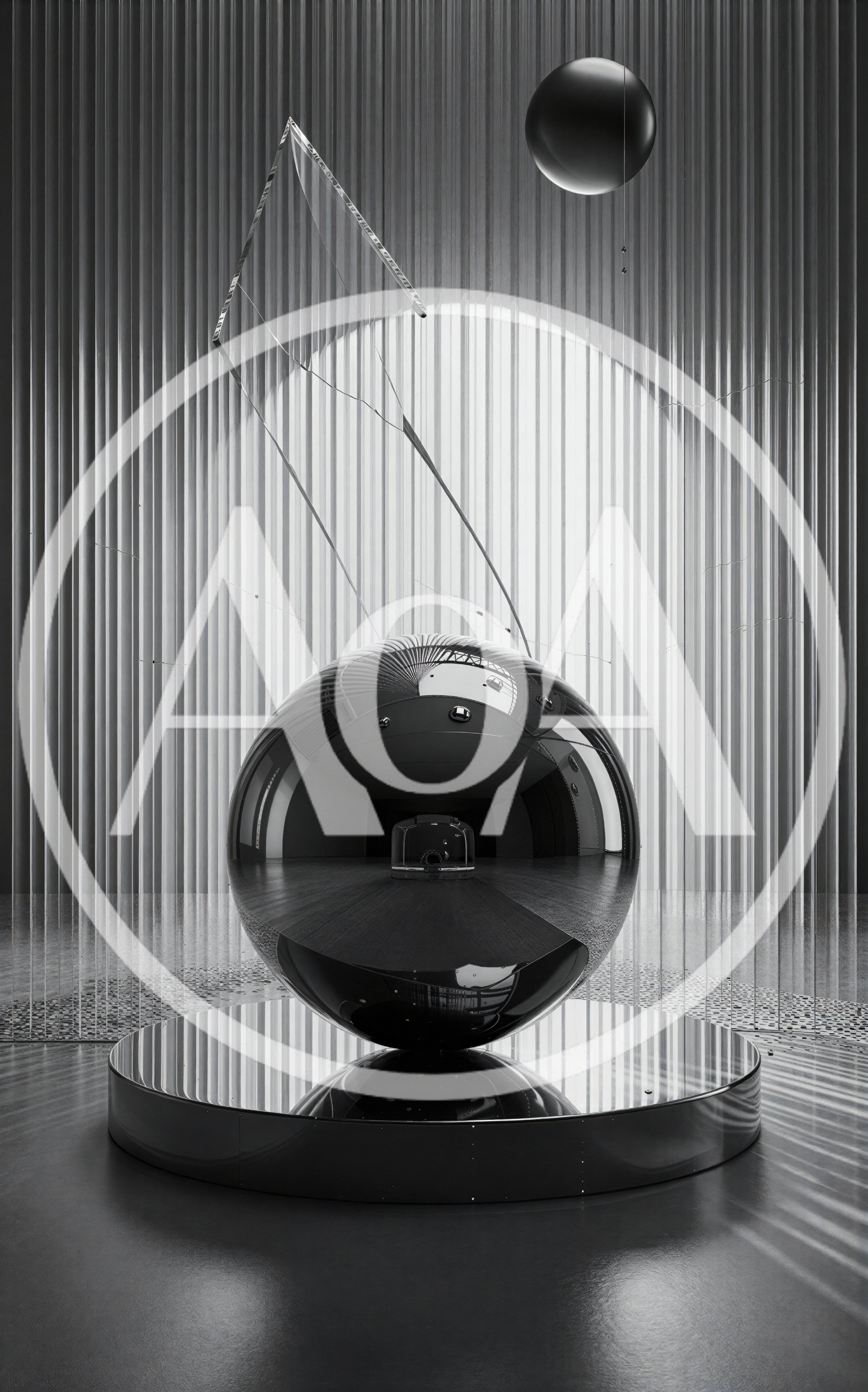 Abstract Chrome Sphere Sculpture in Minimalist Gallery