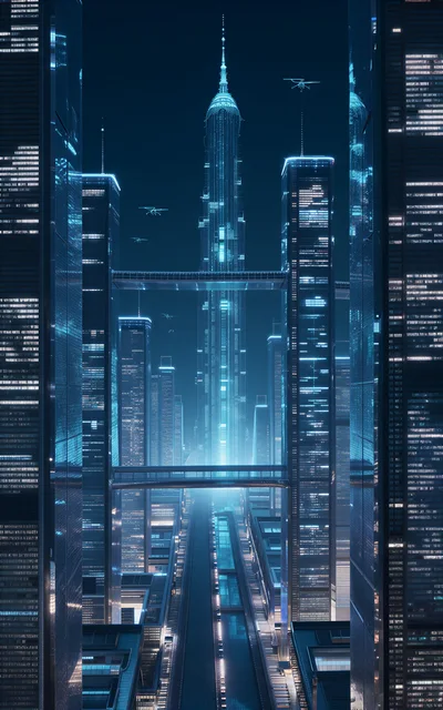 Futuristic Cyberpunk Cityscape With Glowing Skyscrapers At Night