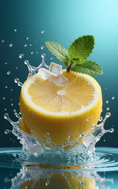 Fresh Lemon Half Splashing Into Water With Mint