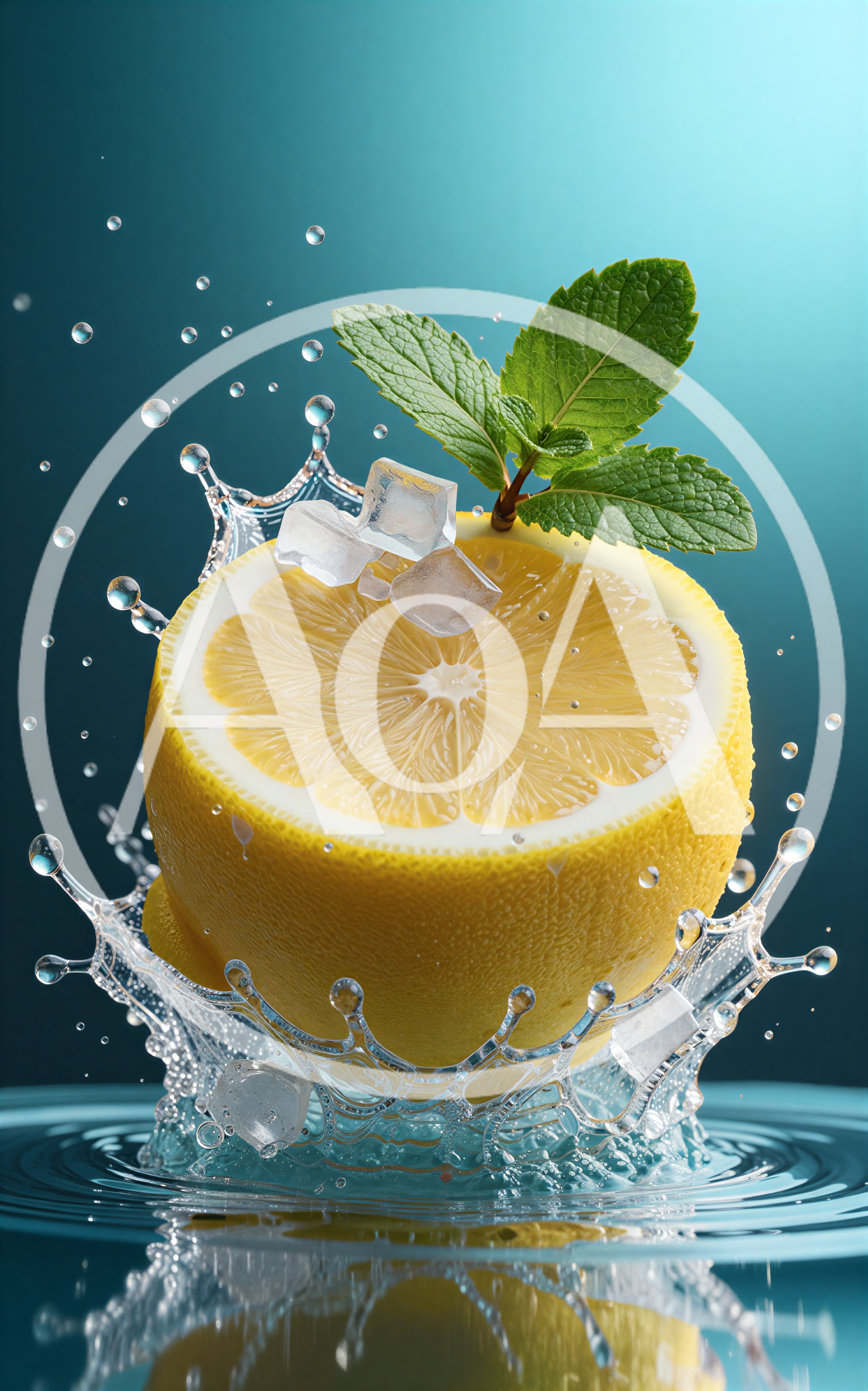Fresh Lemon Half Splashing Into Water With Mint