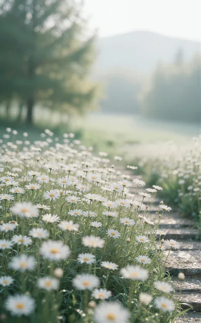 Field Of White Daisies Along A Stone Path