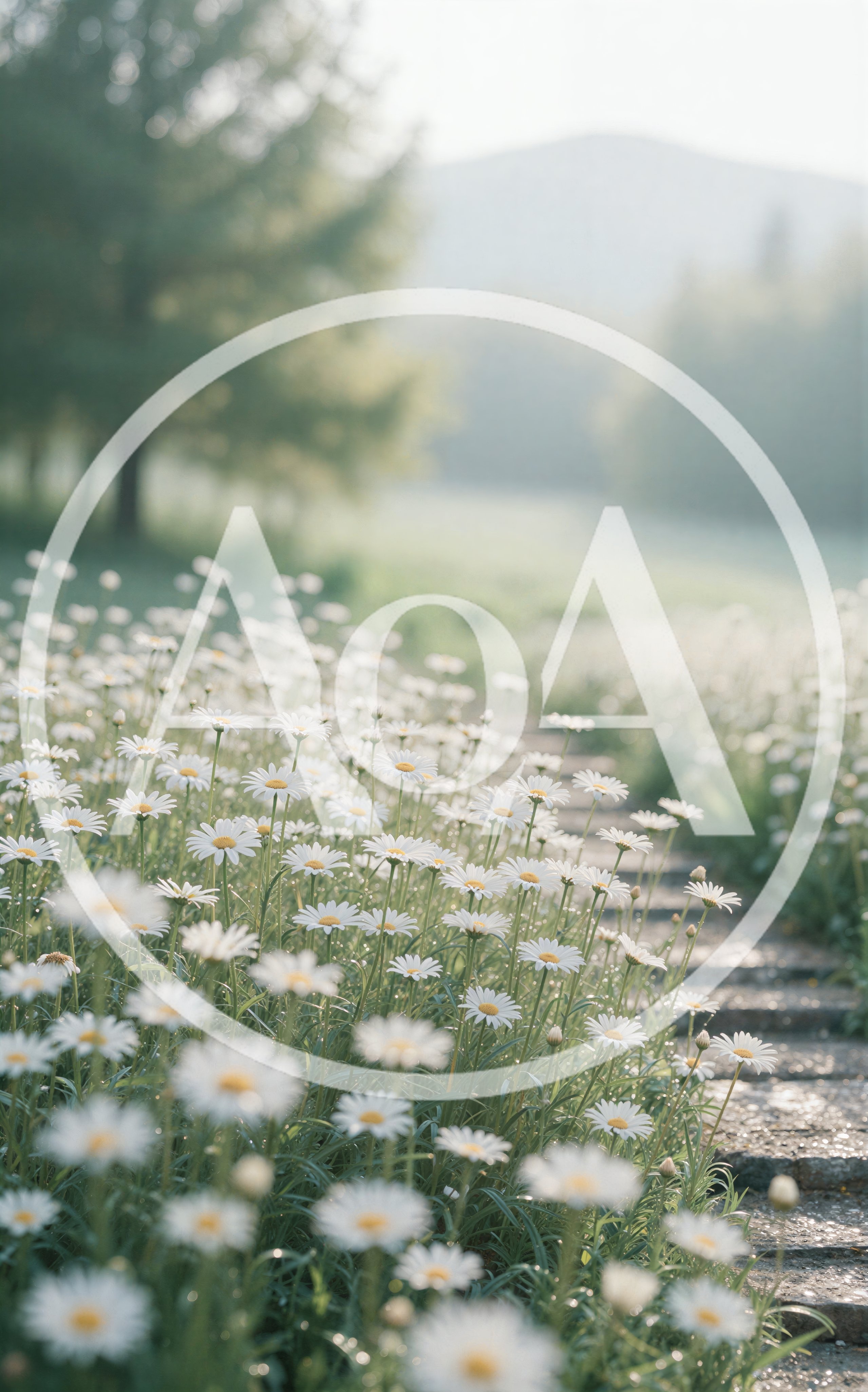 Field Of White Daisies Along A Stone Path