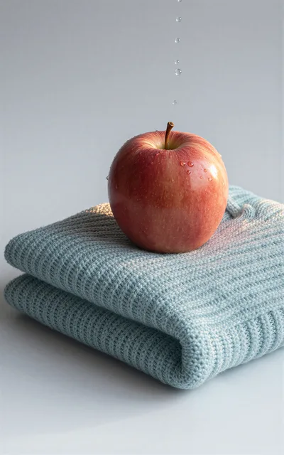 Red Apple Resting On A Folded Blue Knit Sweater