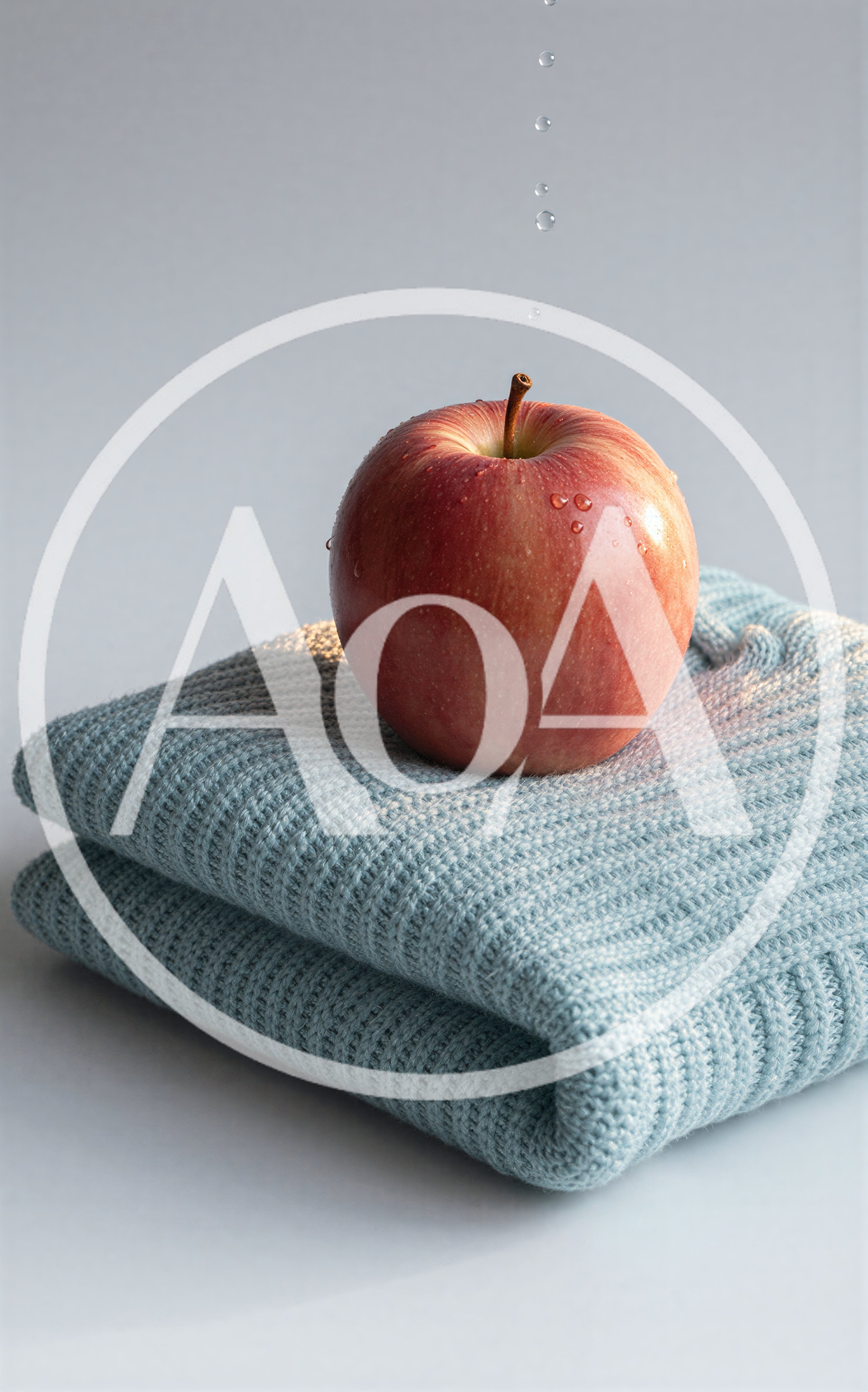 Red Apple Resting On A Folded Blue Knit Sweater