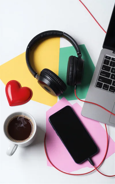 Work Desk Setup With Laptop Headphones And Coffee
