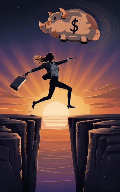 Businesswoman Jumping Over A Canyon Toward A Piggy Bank