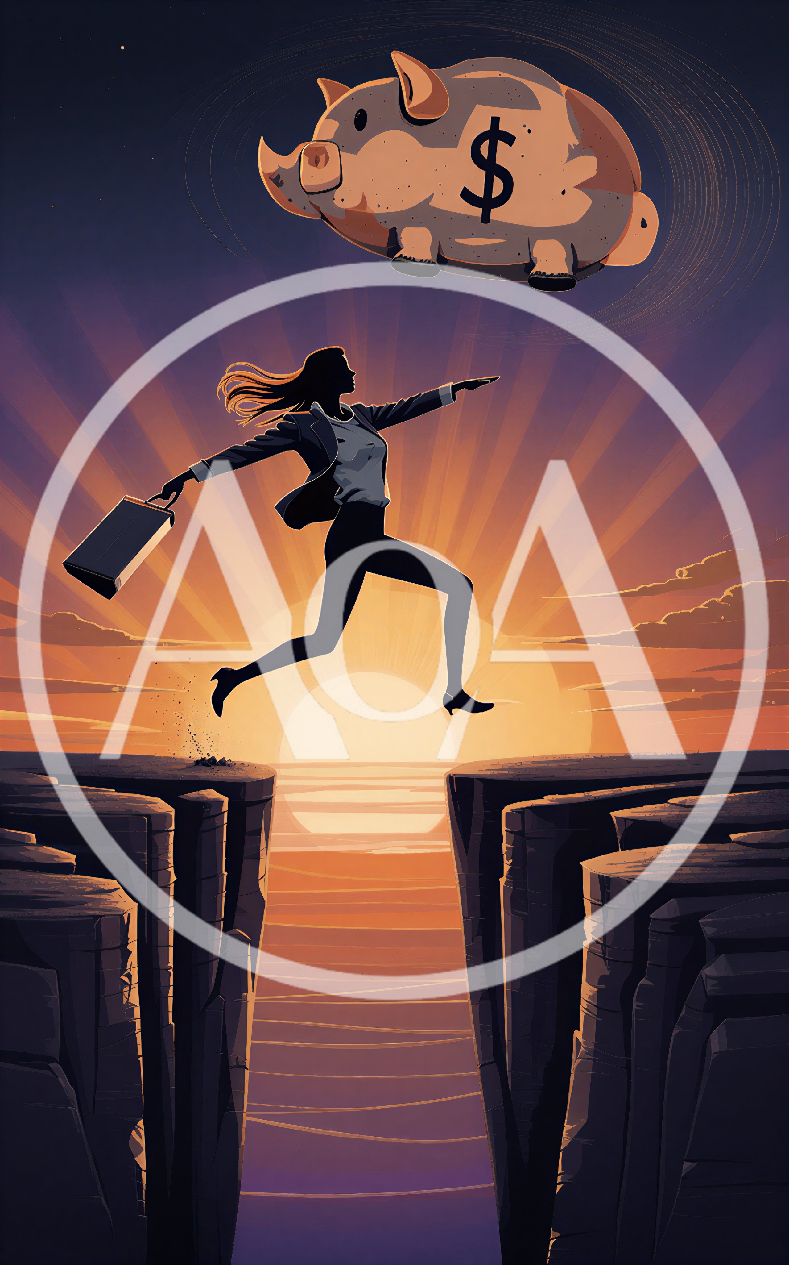 Businesswoman Jumping Over A Canyon Toward A Piggy Bank
