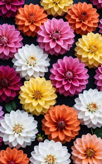 Colorful Dahlia Flowers Arranged On Dark Background