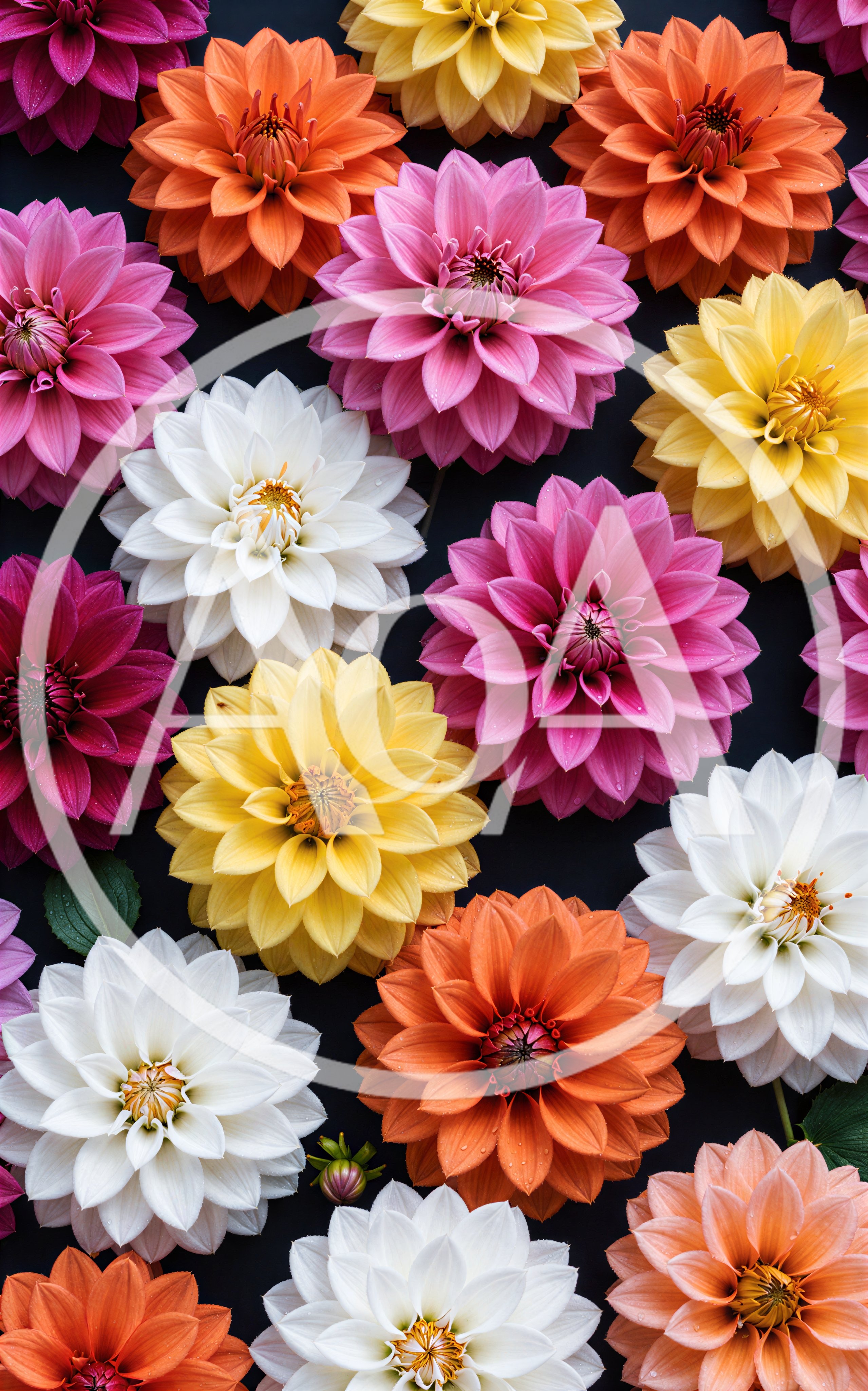Colorful Dahlia Flowers Arranged On Dark Background