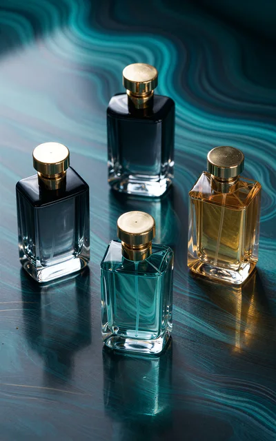 Four Luxury Perfume Bottles On A Swirling Teal Surface