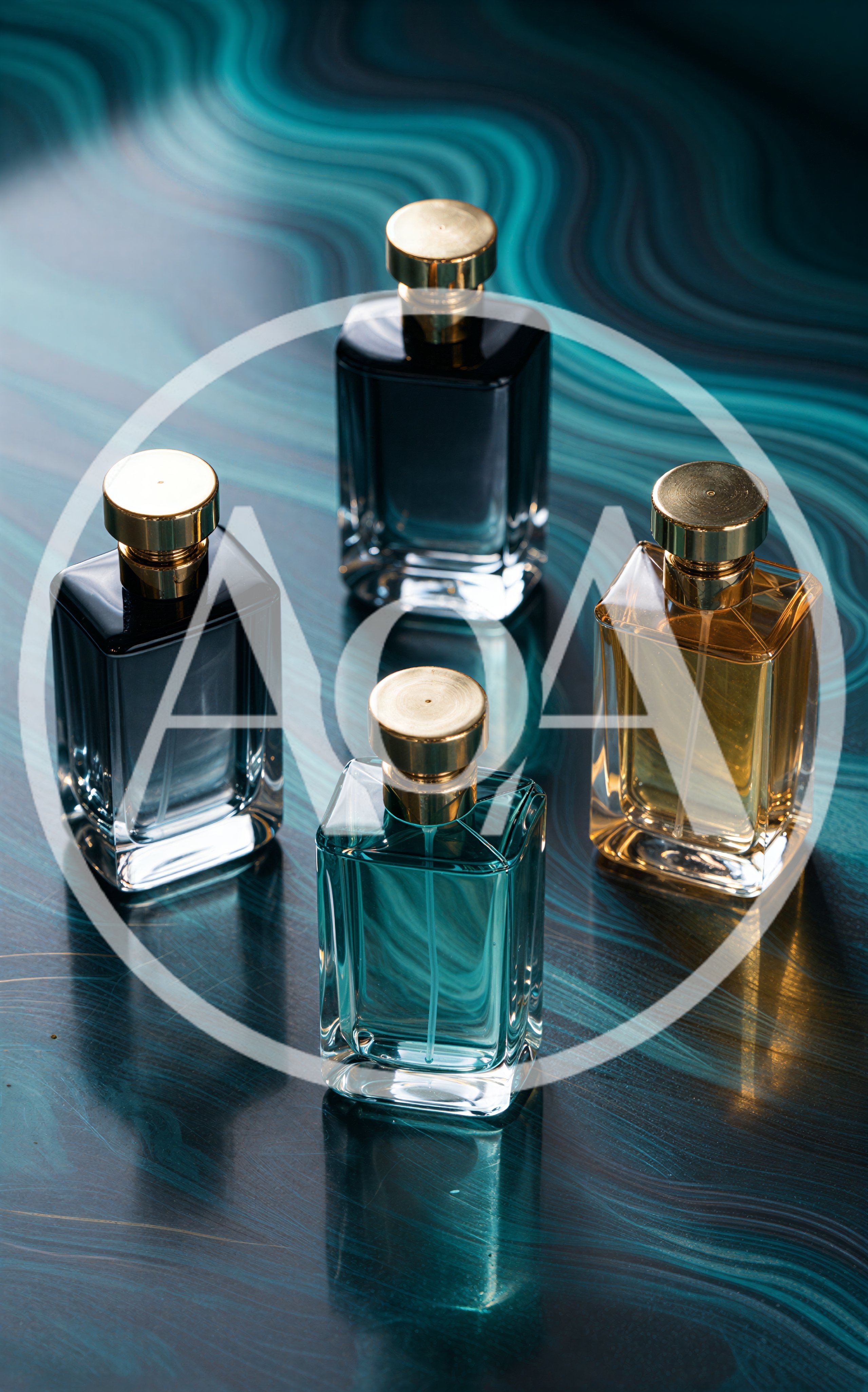 Four Luxury Perfume Bottles On A Swirling Teal Surface