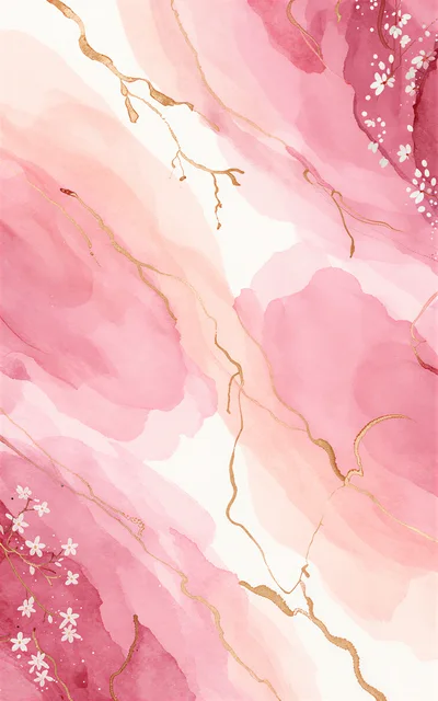 Abstract Pink Watercolor Background With Gold Veins And Flowers