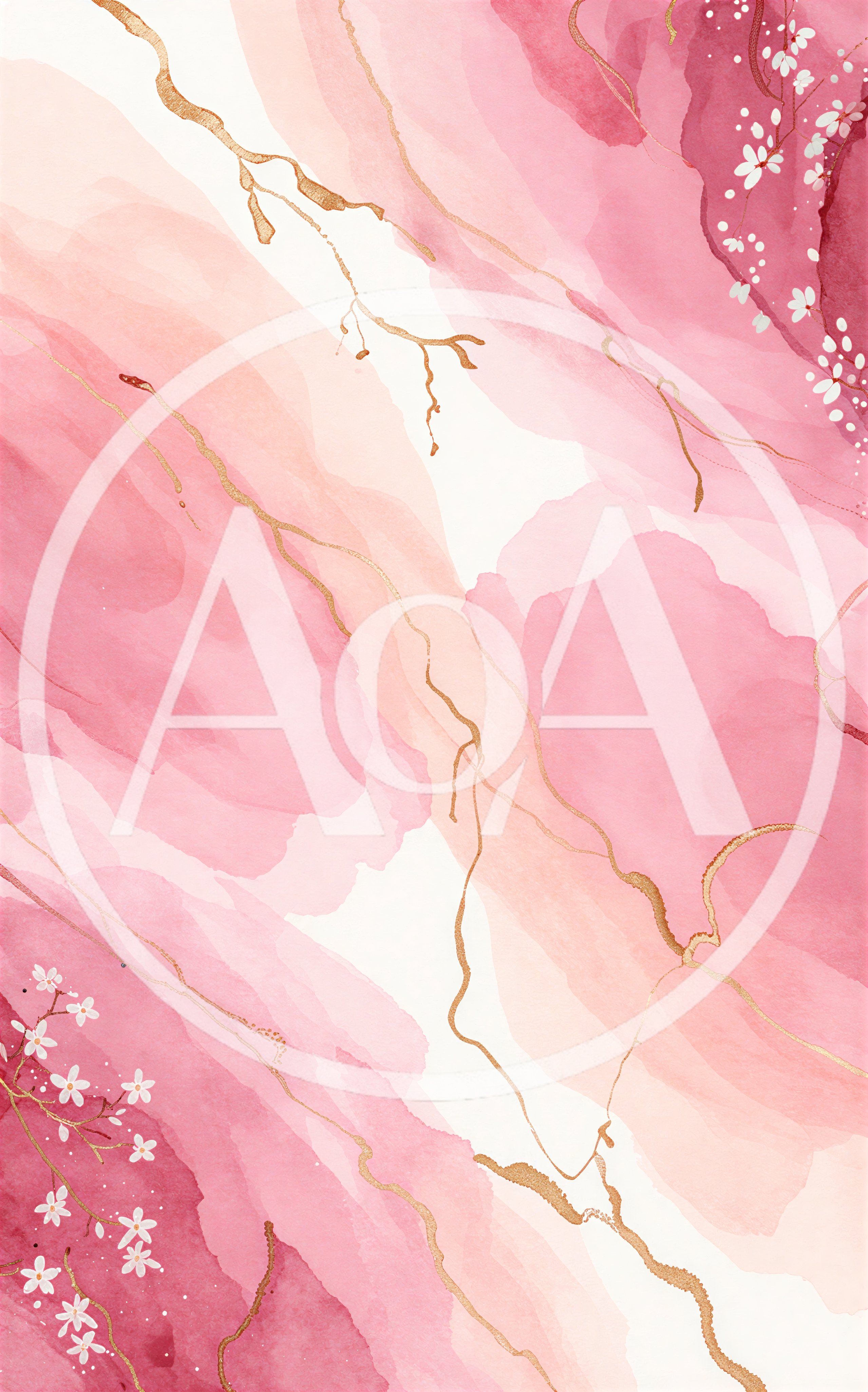 Abstract Pink Watercolor Background With Gold Veins And Flowers