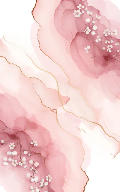 Abstract Pink Watercolor Background With Gold Veins And Flowers