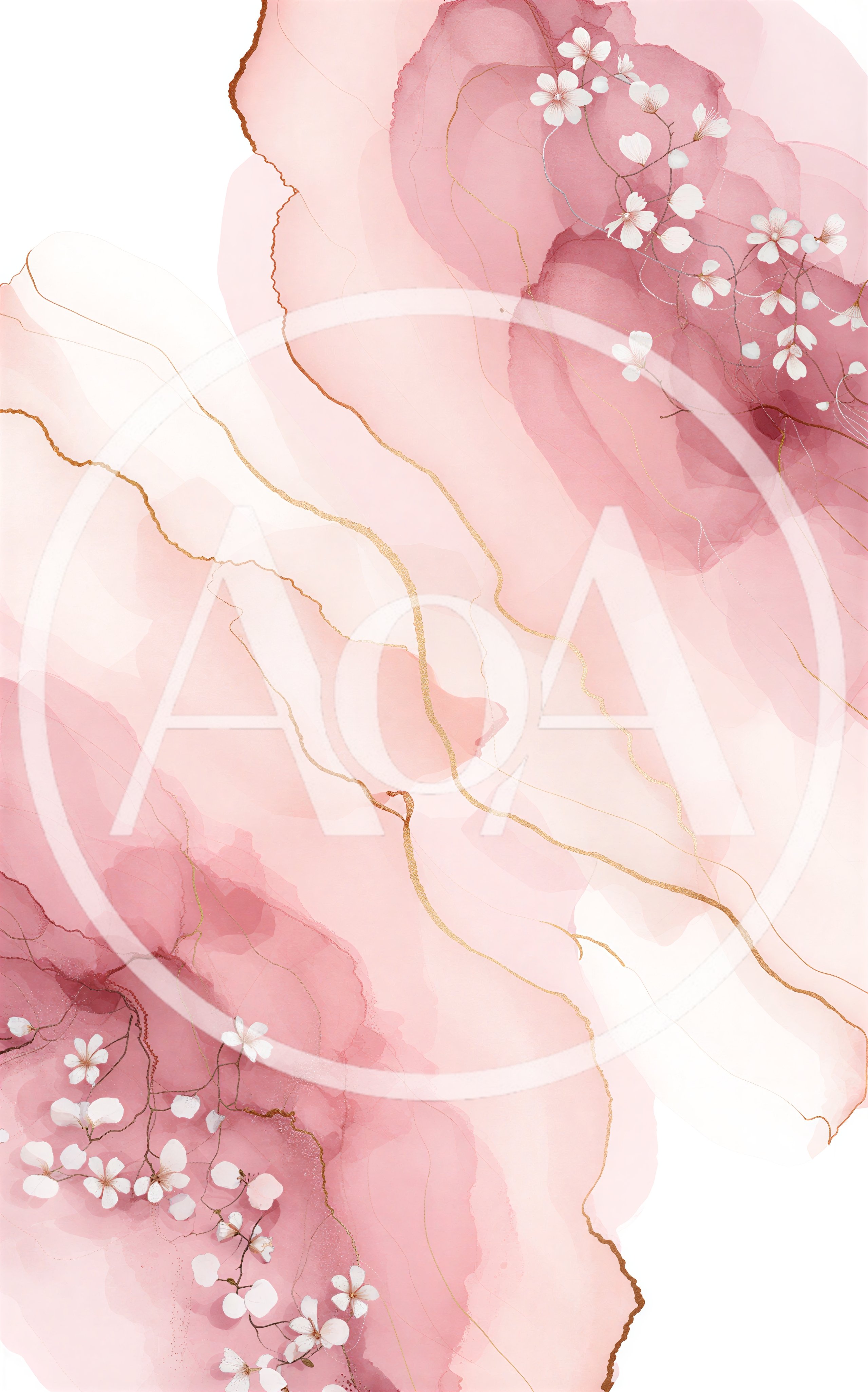 Abstract Pink Watercolor Background With Gold Veins And Flowers