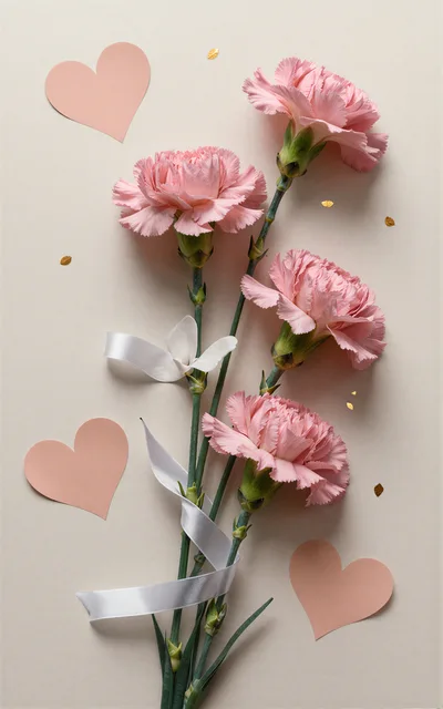 Pink Carnations With Paper Hearts And Ribbon