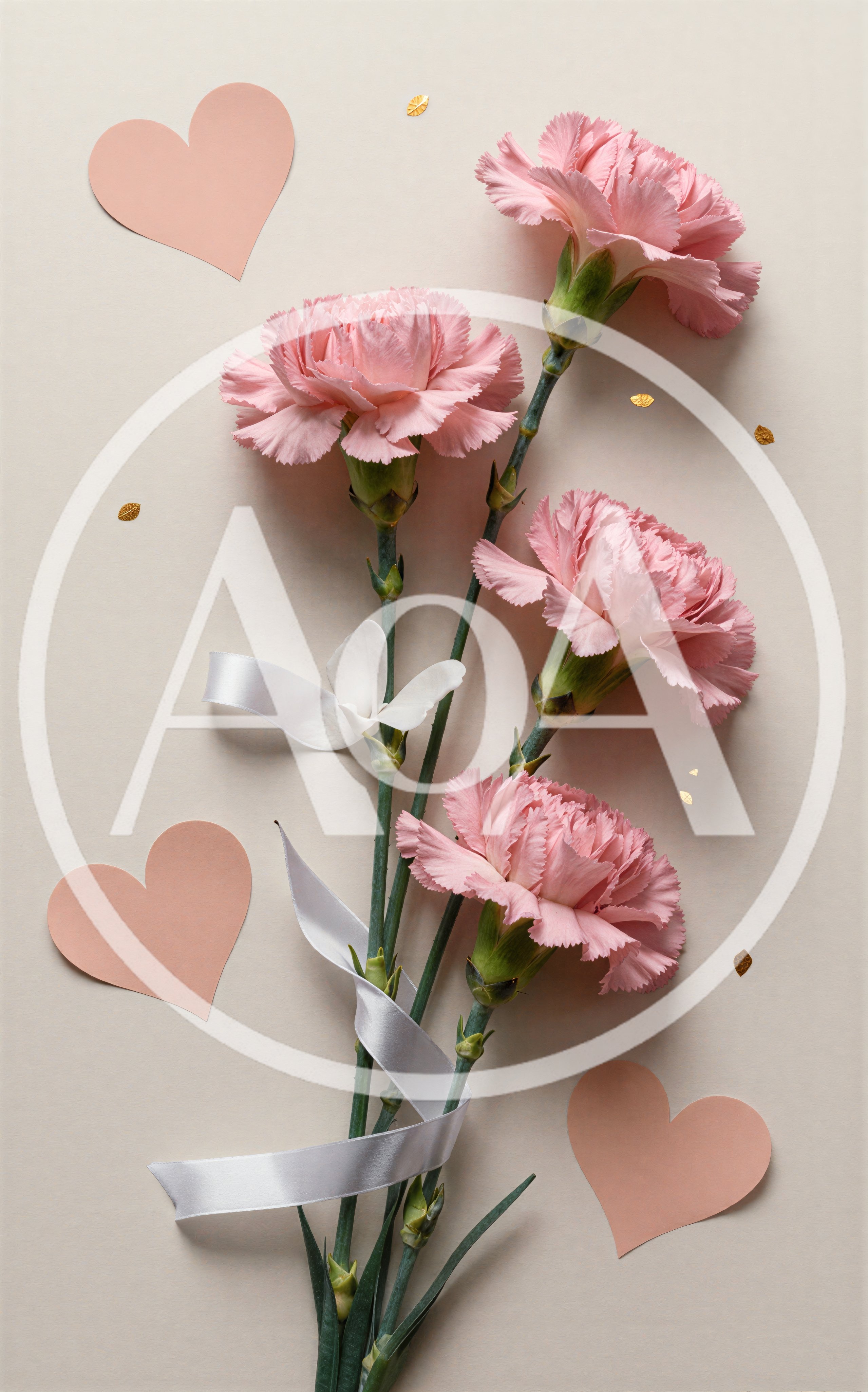 Pink Carnations With Paper Hearts And Ribbon