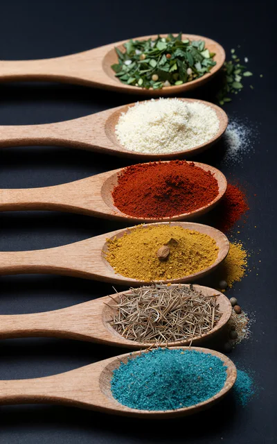 Wooden Spoons Filled With Colorful Spices And Herbs