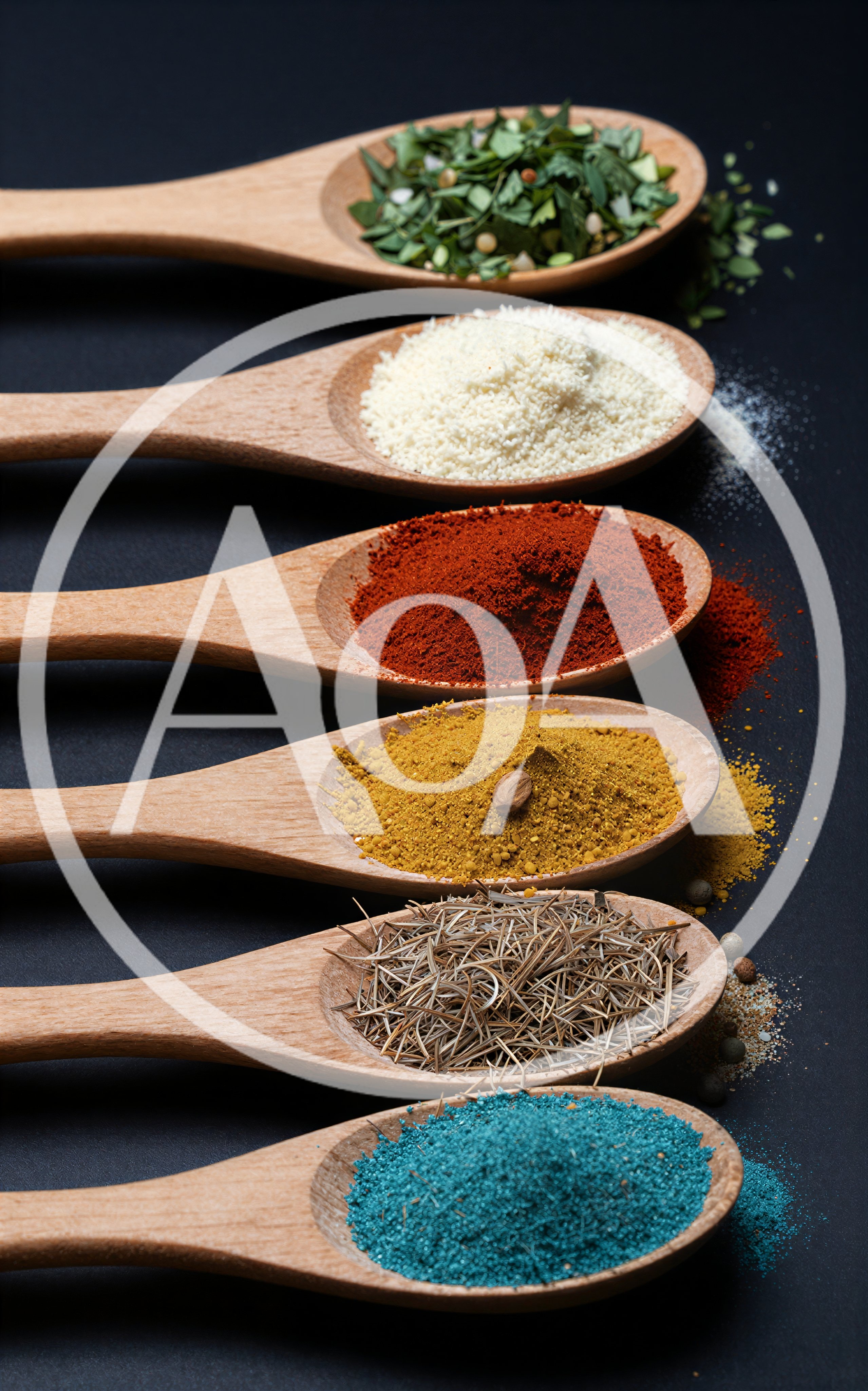 Wooden Spoons Filled With Colorful Spices And Herbs
