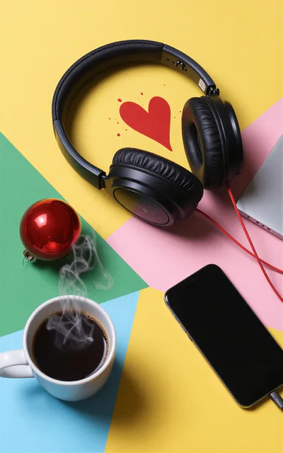 Headphones and Coffee Cup on Colorful Geometric Background