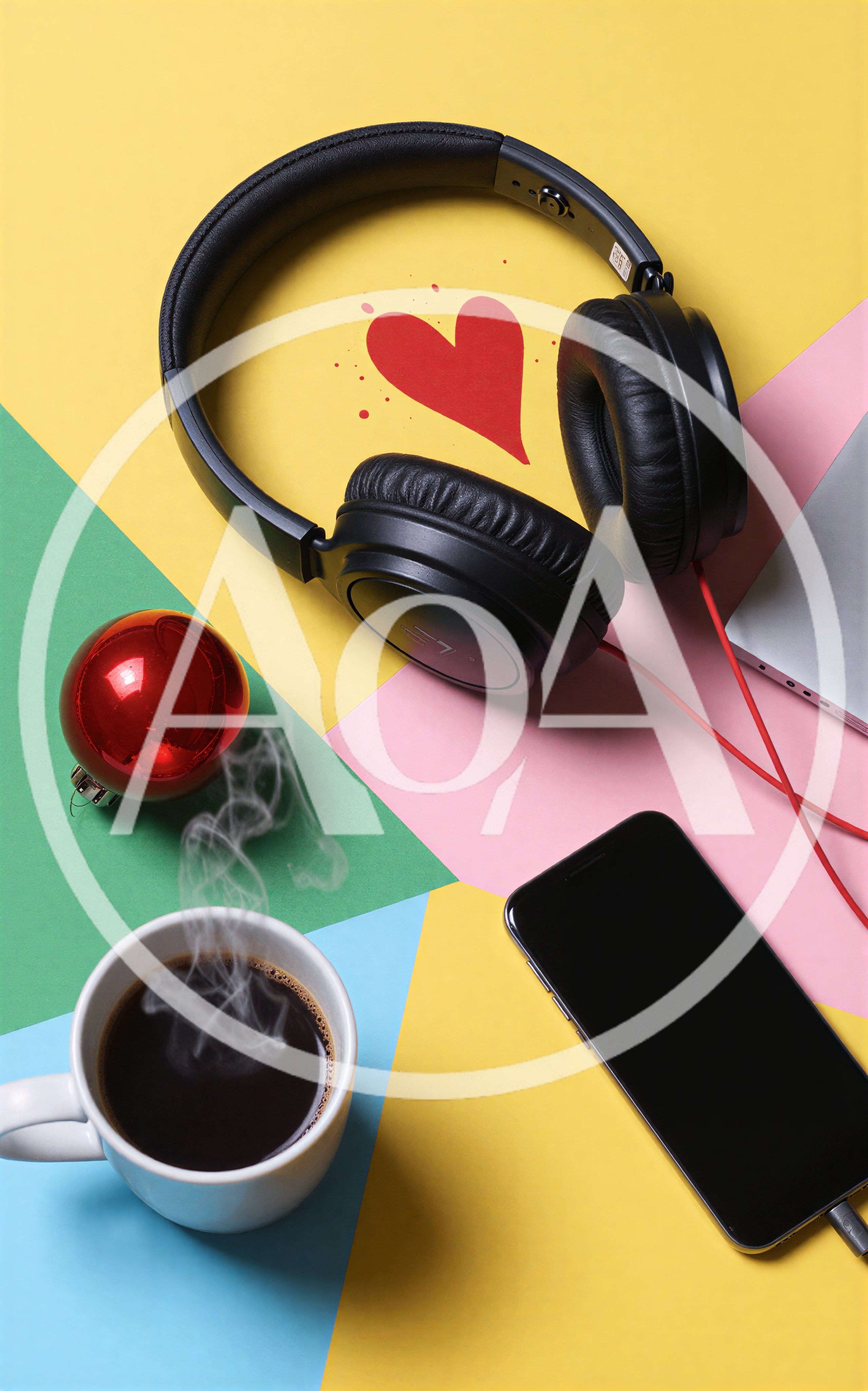 Headphones and Coffee Cup on Colorful Geometric Background