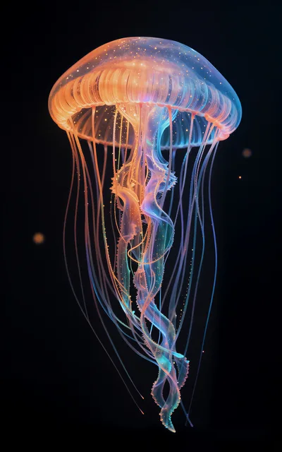 Bioluminescent Jellyfish Floating In Deep Ocean Waters