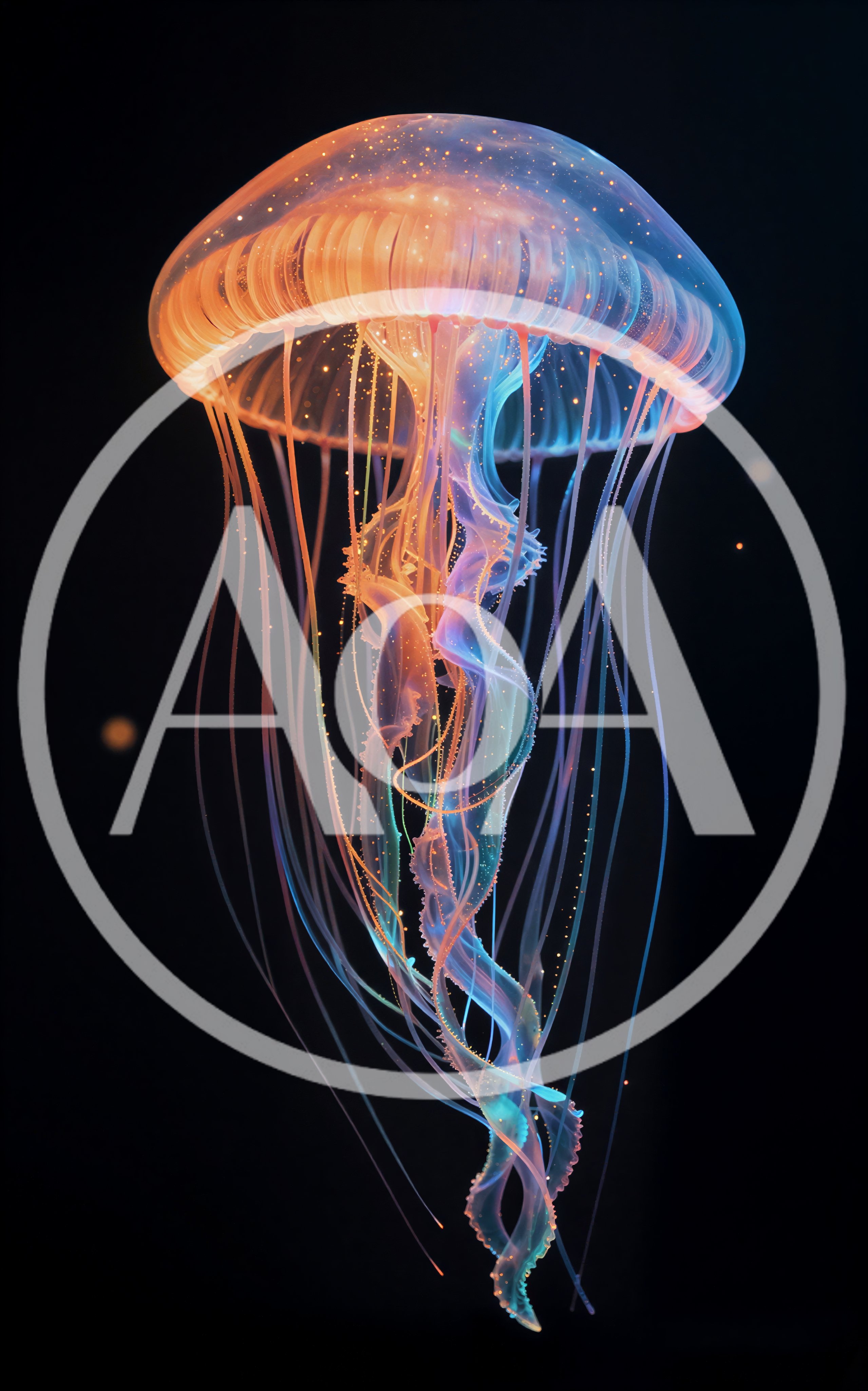 Bioluminescent Jellyfish Floating In Deep Ocean Waters