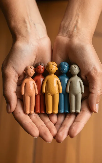 Hands Holding Five Colorful Wooden Figurines