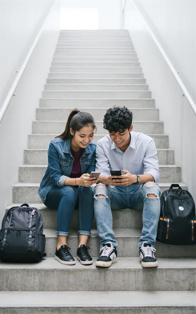 Students Sitting On Stairs Using Smartphones