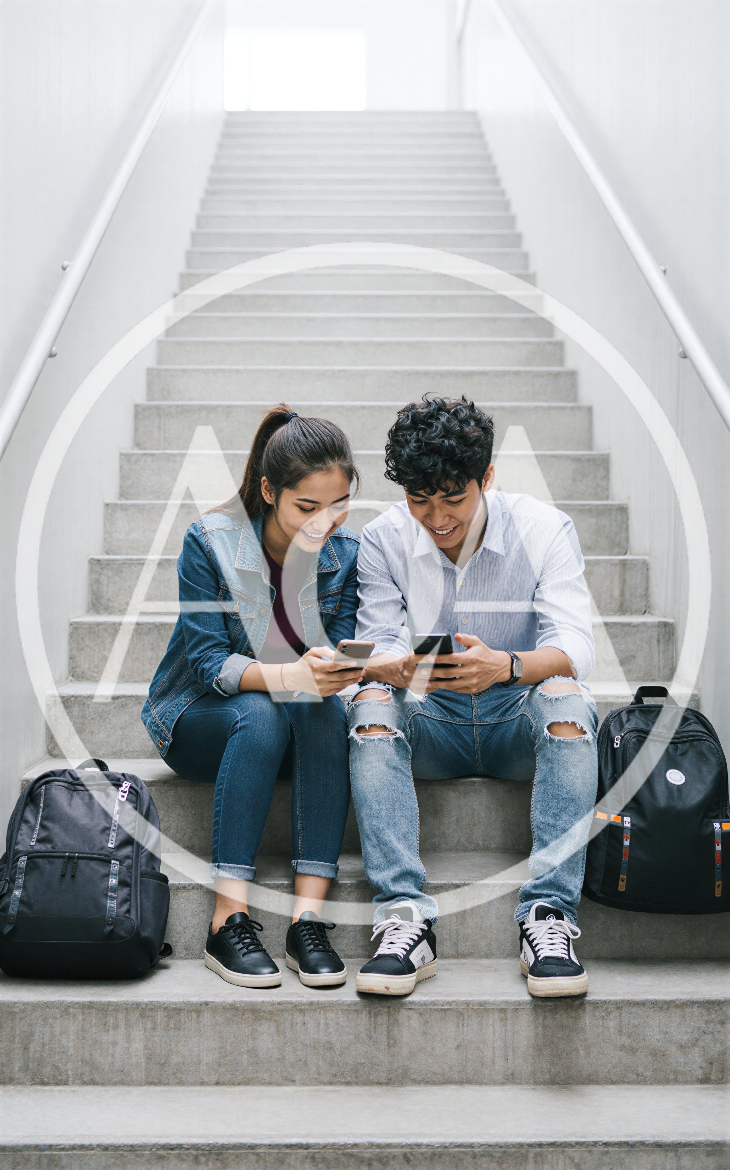 Students Sitting On Stairs Using Smartphones