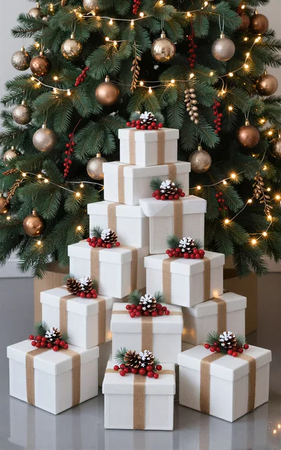 Stacked White Christmas Gift Boxes Under Decorated Tree