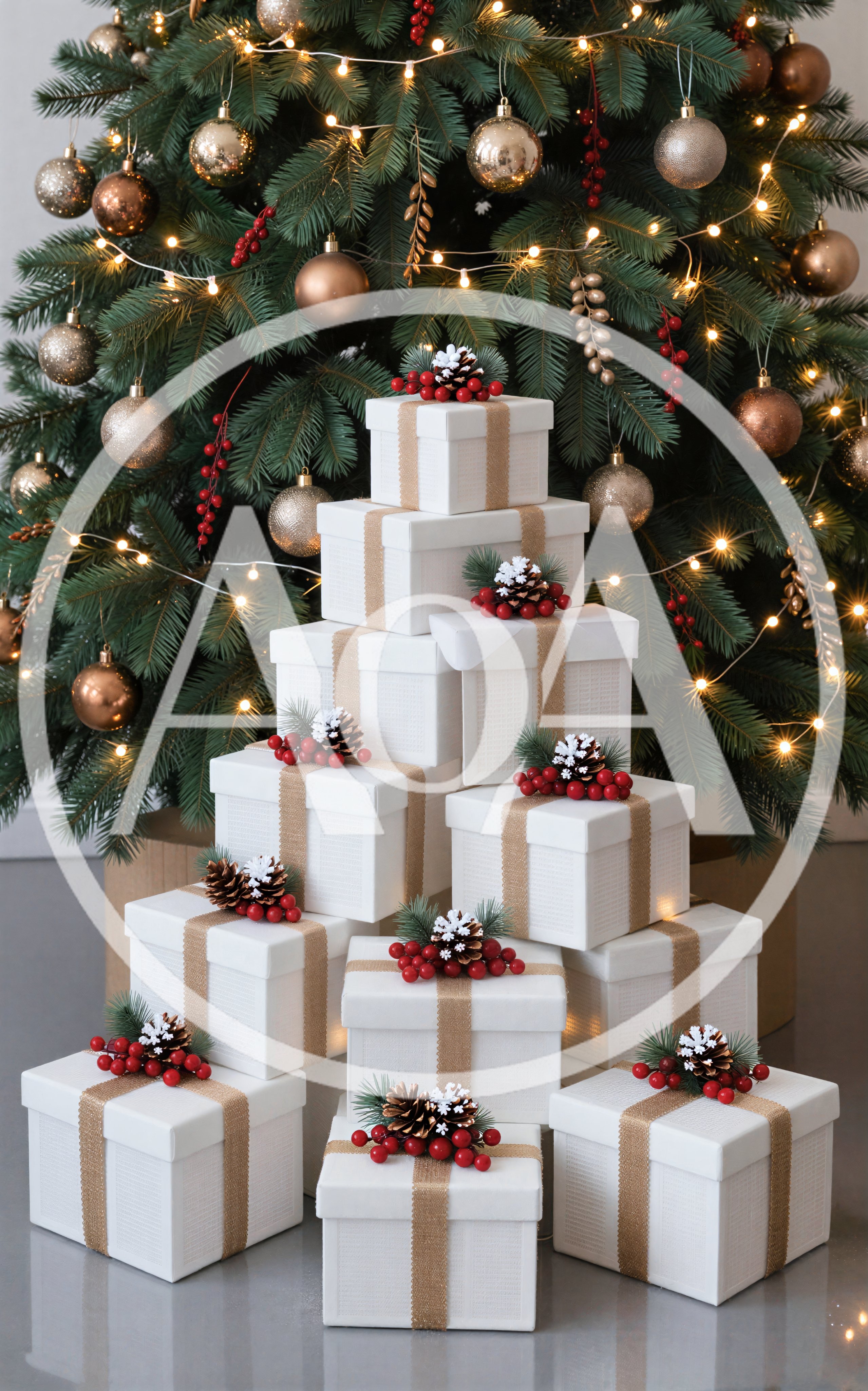 Stacked White Christmas Gift Boxes Under Decorated Tree