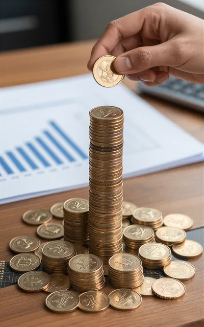 Hand Placing Coin On Tall Stack Of Gold Coins