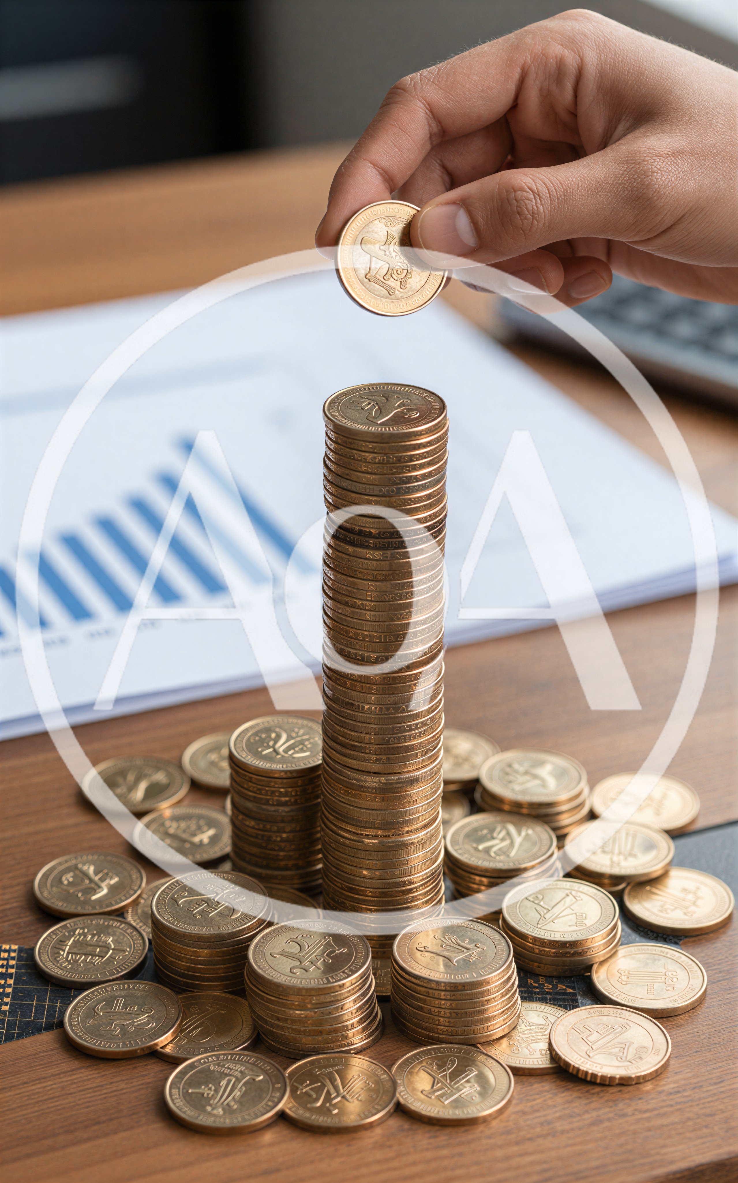 Hand Placing Coin On Tall Stack Of Gold Coins