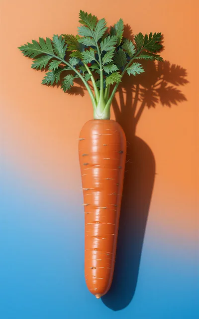 Single Fresh Carrot With Green Leaves On Gradient Background