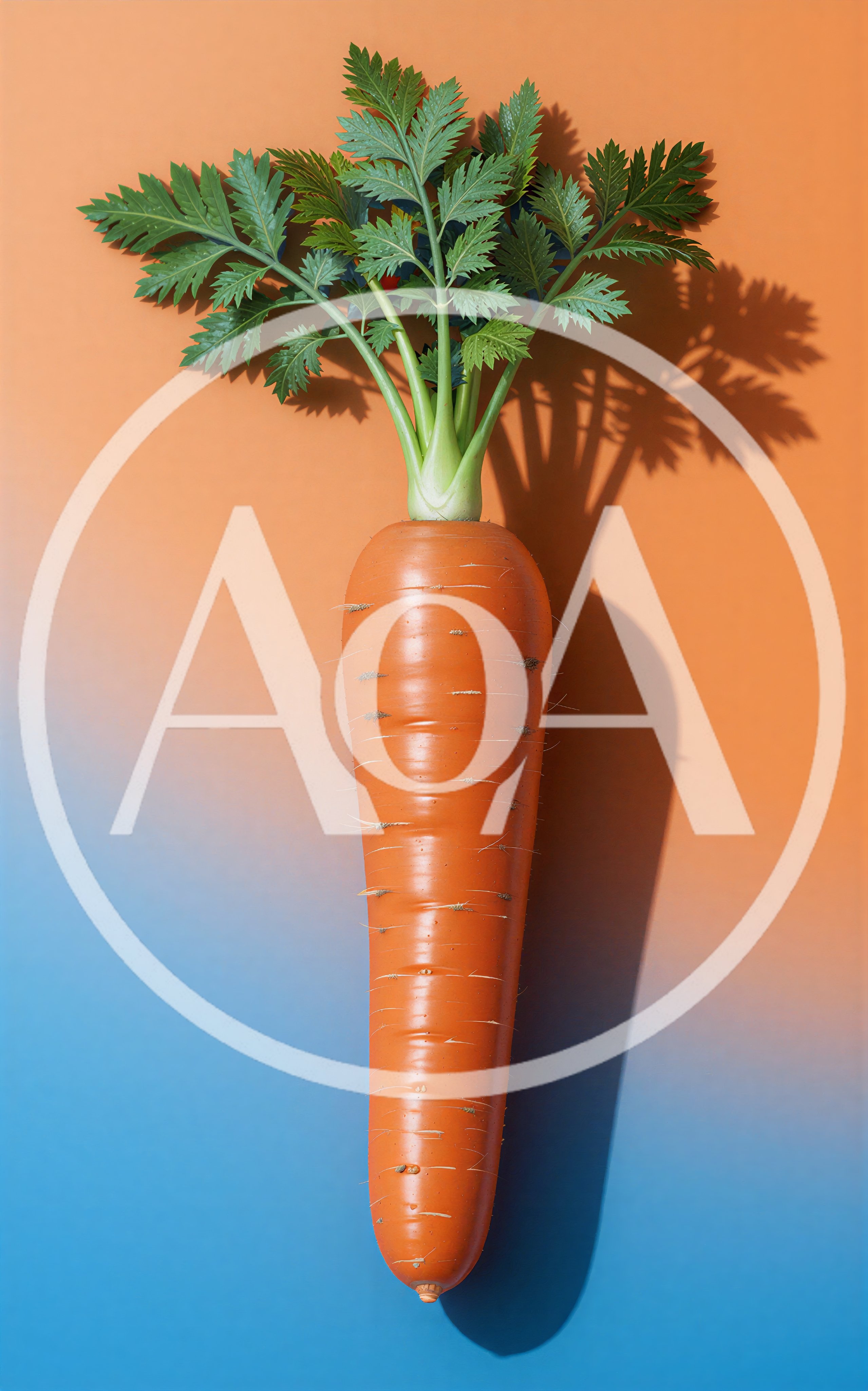 Single Fresh Carrot With Green Leaves On Gradient Background