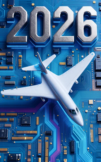 3D Airplane Model Flying Over Digital Circuit Board