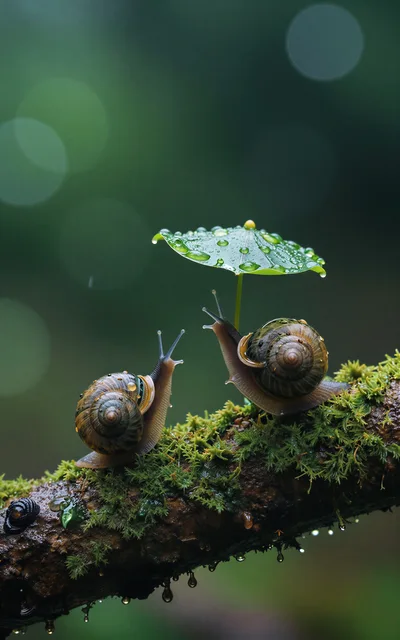 Two Snails On A Mossy Branch With A Leaf Umbrella