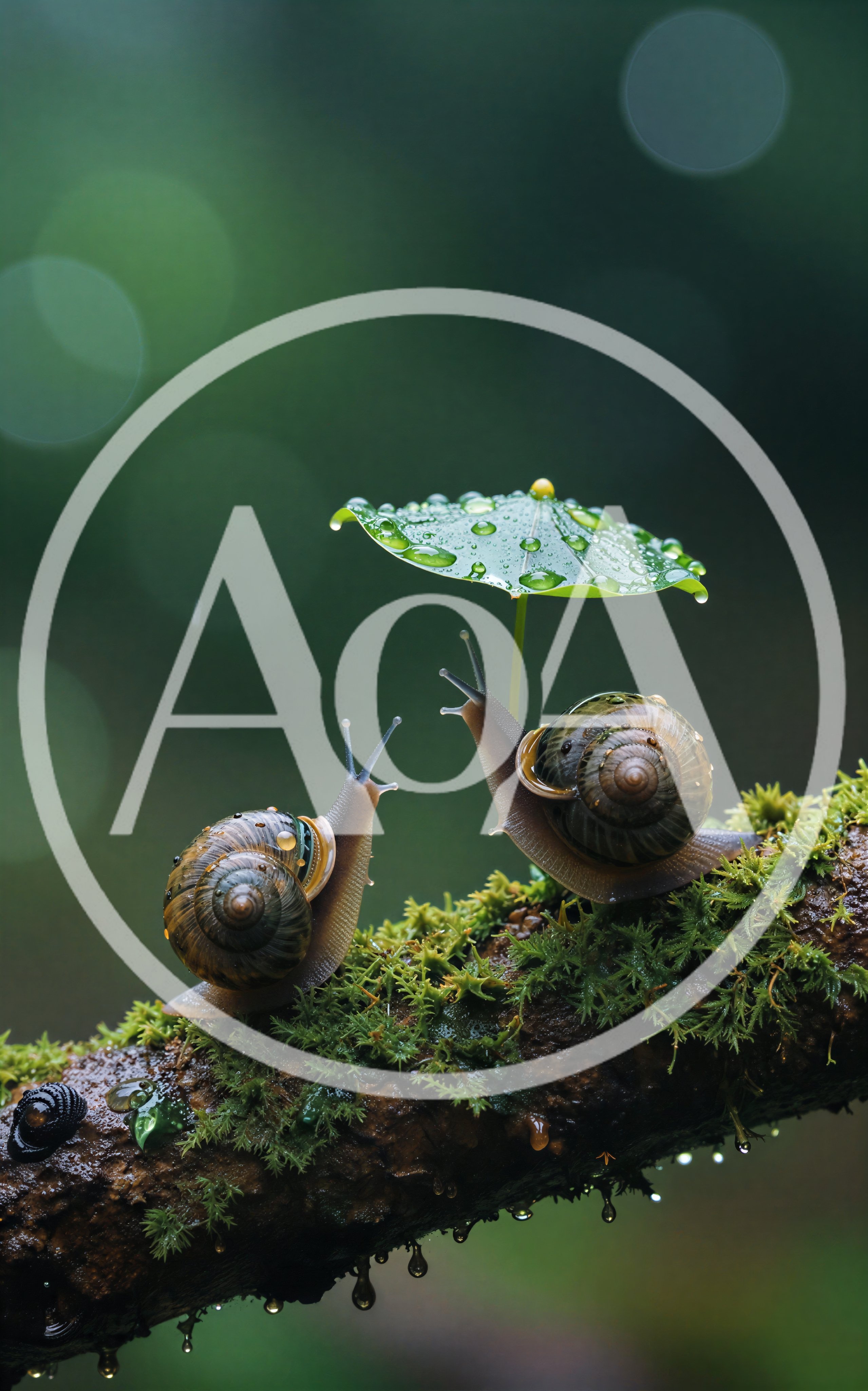 Two Snails On A Mossy Branch With A Leaf Umbrella